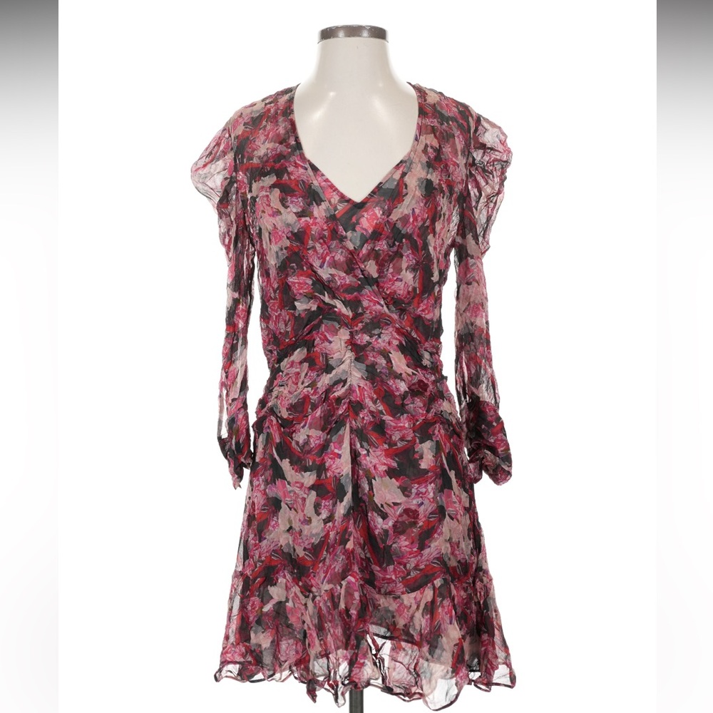 IRO Pink and Black Floral Long-Sleeve Wrap Dress Sz Small